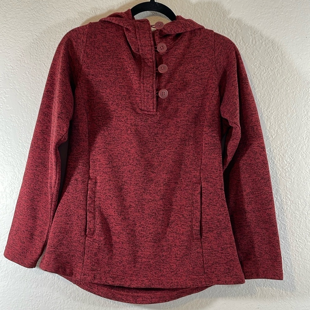 COLUMBIA Sweater Women Large Red Marled Fleece Lined Loop Button Hooded Outdoor